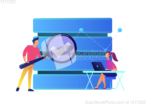 Image of Developer with magnifier, developer with laptop and big data vector illustration.