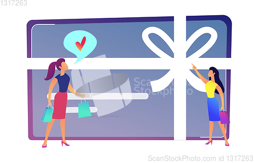 Image of Female shopper likes gift card with bow and ribbon vector illustration.