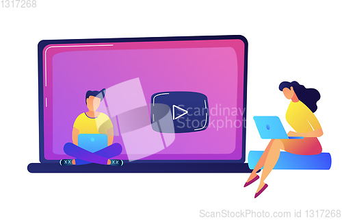 Image of Female student watching webinar on a big laptop vector illustration.