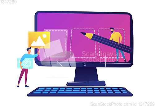 Image of IT specialists team creating webpage on computer screen vector illustration.