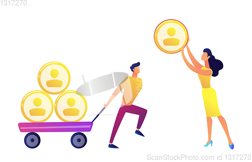 Image of Businessman pulling cart with people profiles pyramid and woman giving one vector illustration.