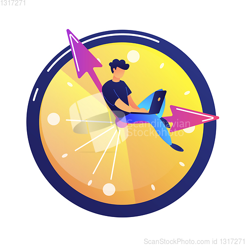 Image of Programmer working on laptop sitting on the hand in a big clock vector illustration.