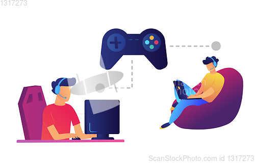 Image of Game controller and gamers playing computer and laptop vector illustration.