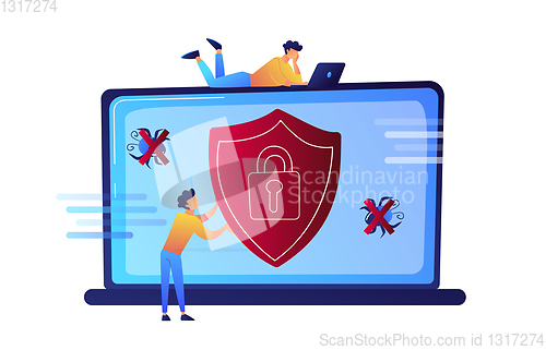 Image of Programmer trying to protect his laptop from virus vector illustration.