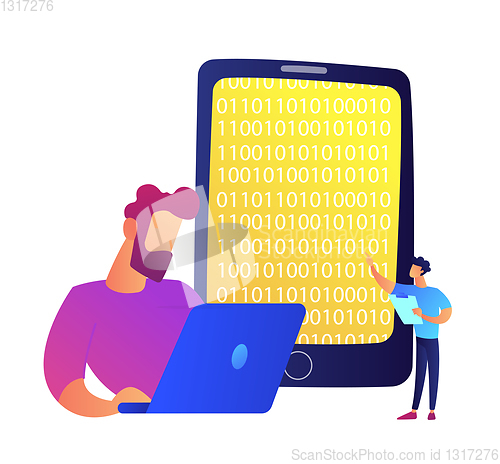 Image of Programmer working with laptop and mobile phone with binary code vector illustration.