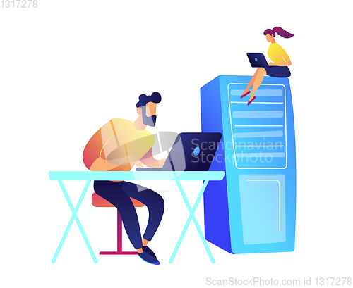 Image of Programmers working with laptops and server rack vector illustration.