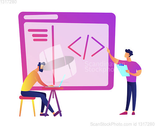 Image of Programmers with laptop coding vector illustration.