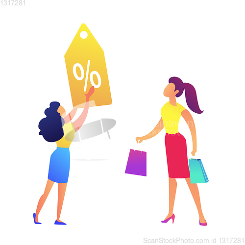 Image of Woman with shopping bags and shop discount tag vector illustration.