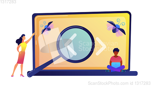 Image of Programmers searching for a bug on laptop screen with magnifier vector illustration.