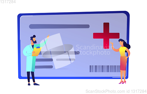 Image of Doctor with clipboard, female patient and medical insurance card vector illustration.