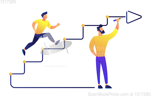 Image of Businessman running up drawn stairs with arrow vector illustration.