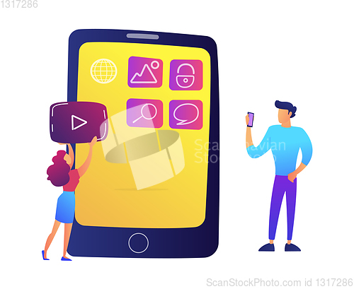 Image of IT specialists creating mobile applications on smartphone screen vector illustration.