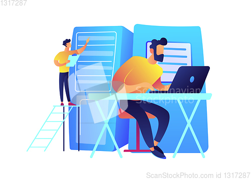 Image of System administrator working on laptop and server racks vector illustration.