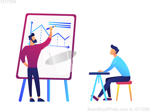 Image of Businessman drawing business analysis chart and businessman at desk vector illustration.