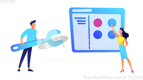 Image of Businessman pulling cart with people images pyramid and woman giving one vector illustration.