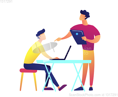 Image of Teacher with laptop speaking and student with laptop at desk vector illustration.