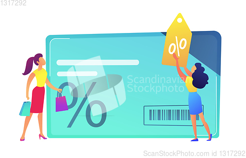 Image of Female shopper, sales woman with discount tag and huge discount card vector illustration.