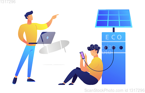 Image of User charging smartphone from solar recarge station and programmer with laptop vector illustration.