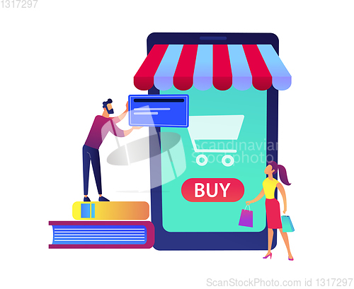 Image of A couple shopping online with huge smartphone with shopping cart vector illustration.