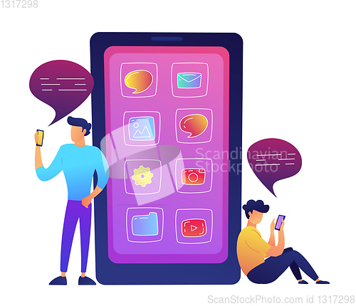 Image of Huge smartphone with apps icons and two users communicating with social media vector illustration.