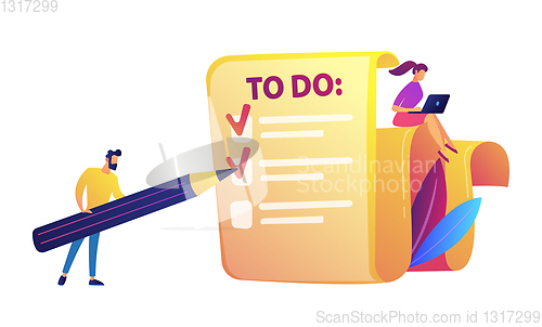 Image of Businessman filling to do list with pencil and woman with laptop vector illustration.