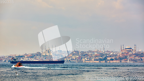 Image of Panorama of Istanbul with Hagia Sophia, Blue Mosque, Turkey