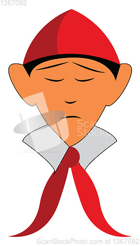 Image of A boy dressed in pioneer costume with a red head cap and a red t