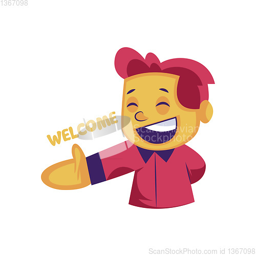 Image of Smilling boy wth pink hair welcoming vector illustration on a wh