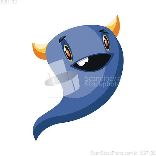 Image of Happy ghost cartoon blue monster with small yellow horns white b
