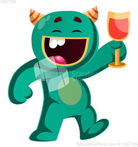 Image of Green monster holding a glass cheering vector illustration