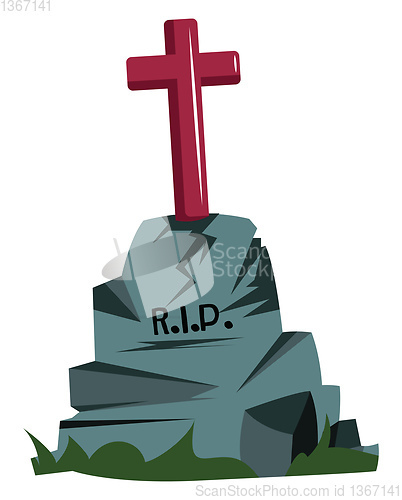 Image of Gray grave stone with red cross on it vector illsutration on whi