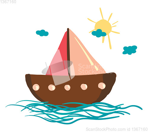 Image of Sailing boat under bright sunny sky vector or color illustration