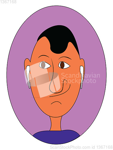 Image of Caricature of a man with airpods inside pink elipse vector illus