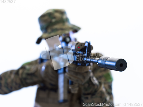 Image of soldier aiming laseer sight optics white background