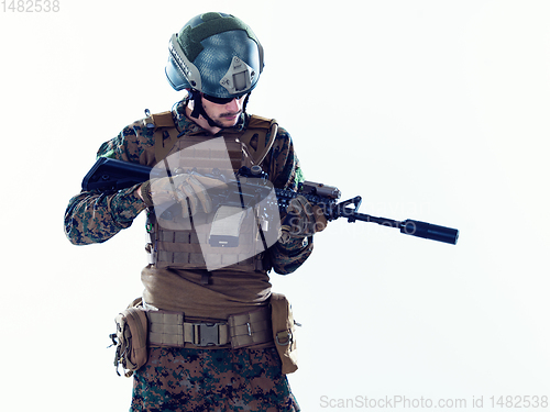 Image of soldier aiming laseer sight optics white background