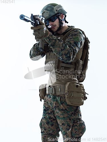 Image of soldier aiming laseer sight optics white background