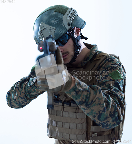 Image of soldier aiming laseer sight optics white background