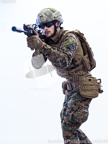 Image of soldier aiming laseer sight optics white background
