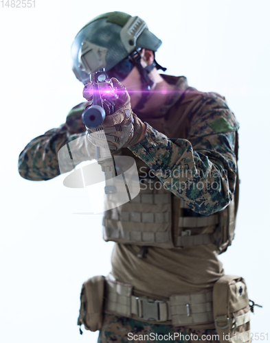 Image of soldier aiming laseer sight optics white background