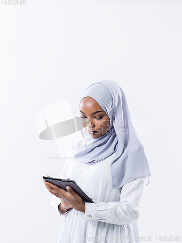 Image of african business woman using tablet computer