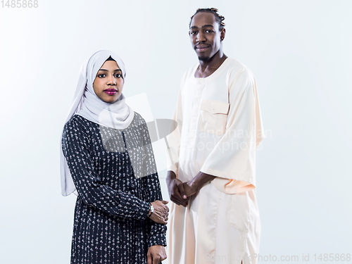 Image of portrait of  young african muslim couple