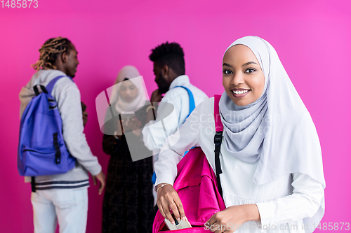 Image of african students group using smart phones