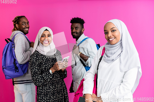 Image of african students group using smart phones