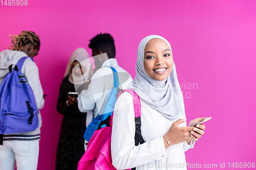 Image of african students group using smart phones