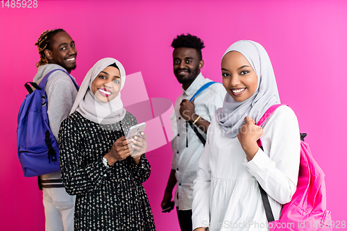 Image of african students group using smart phones