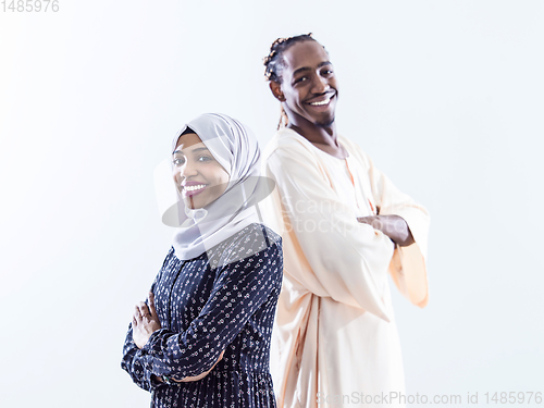 Image of portrait of  young african muslim couple