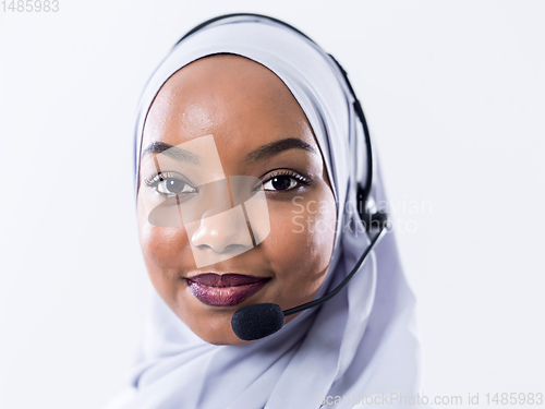 Image of african customer representative business woman with phone headse