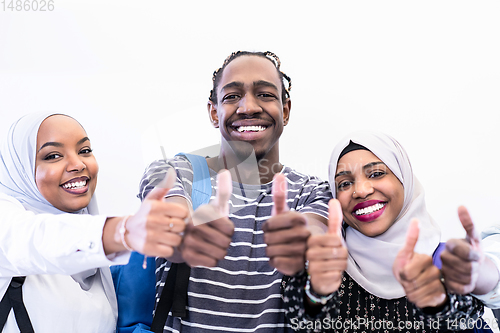 Image of african students group showing ok thumbs up