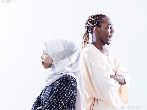 Image of portrait of  young african muslim couple