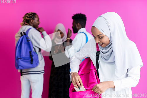 Image of african students group using smart phones